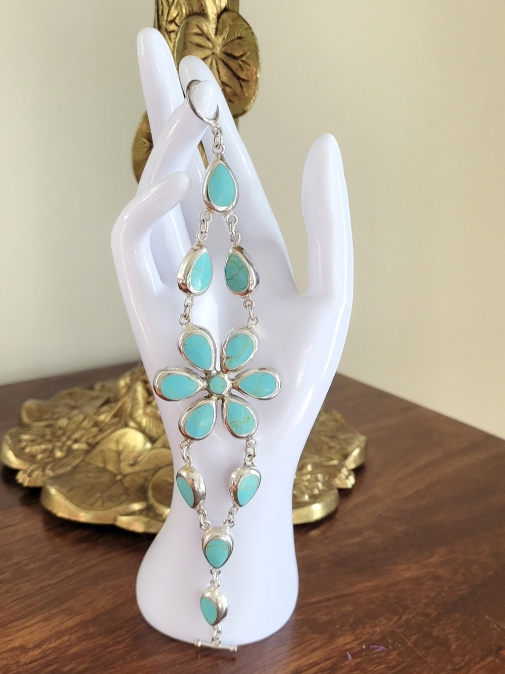 VINTAGE MEXICAN TURQUOISE FLORAL STATEMENT BRACELET 7.5"